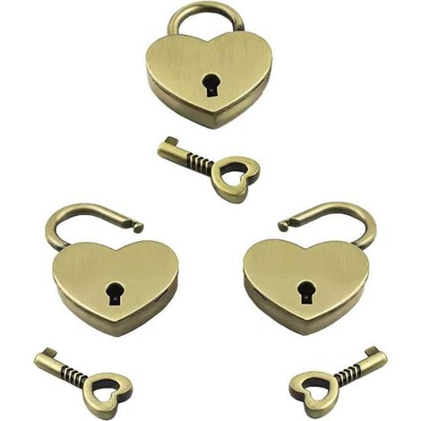 Mini cadenas cœur lot de 3 antique avec clé pour carnets et boîtes à bijoux