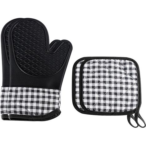 Gants et maniques de cuisine en silicone résistant à la chaleur - Noir
