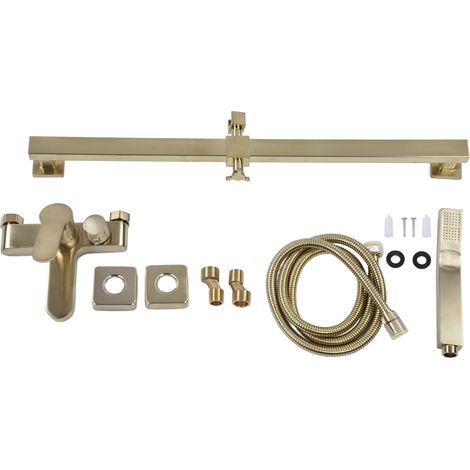 Système de douche G1/2 style nordique, robinet de baignoire mural doré brossé avec support de douche, mitigeur eau chaude/froide pour salle de bain (1/5)