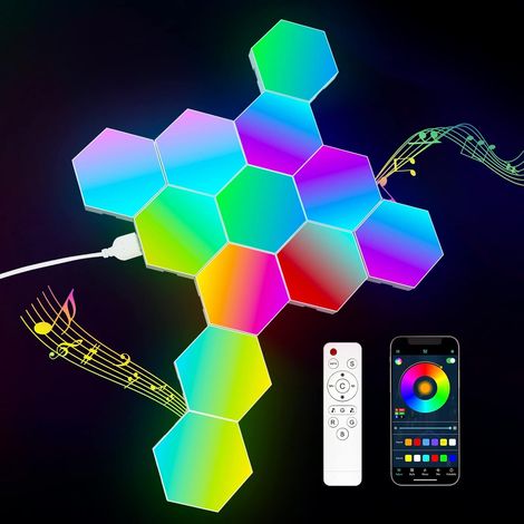 Panneau LED Hexagonal Gaming Murale Lampe - 12 Pcs Smart Deco Music Sync Modulaires RGB Lights App Télécommande - Gaming Setup Hexagone Appliques Murales
