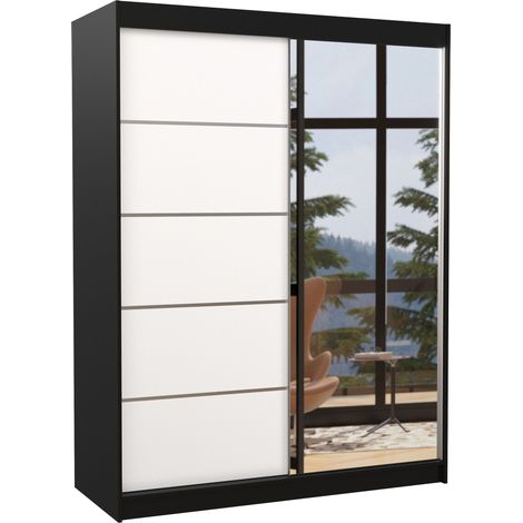 Armoire de chambre noir 2 portes coulissantes 1 blanche et 1 miroir Limka 150cm (1/5)