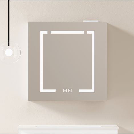 Armario de pared con espejo LED 60 cm con almacenaje MDF y cristal blanco OKWISH (1/5)