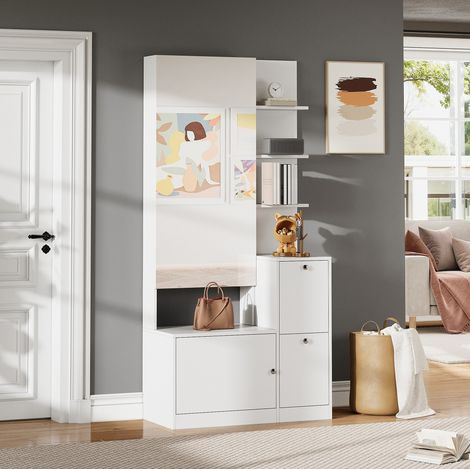 Armadio alto, 85x40x180 cm, con specchio, ripiano per scarpe, cinque ripiani aperti, in truciolare, bianco (1/5)