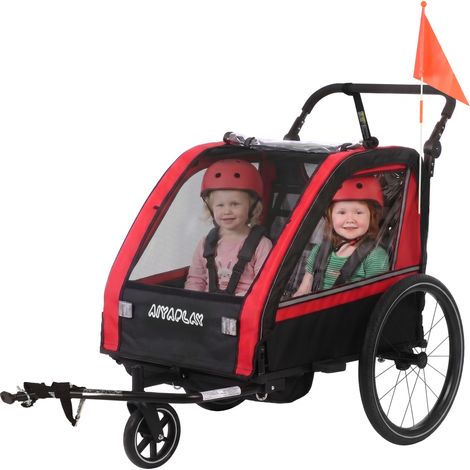 Remorque vélo enfant 2 en 1, poussette vélo bébé 2 places, guidon réglable, frein à main, ceinture de sécurité, rouge (1/5)