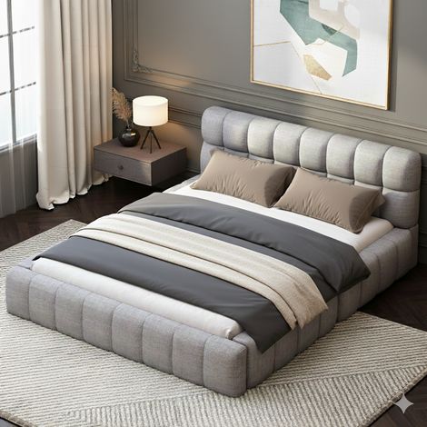 Lit Double Rembourré avec Tête de Lit Confortable - Design Élégant - Tissu Coton Lin - Robuste - 140x200 cm - Gris (1/4)