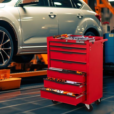 Carro de herramientas con 7 cajones y ruedas, fabricado en metal, con cajones con cerradura, color rojo (1/5)