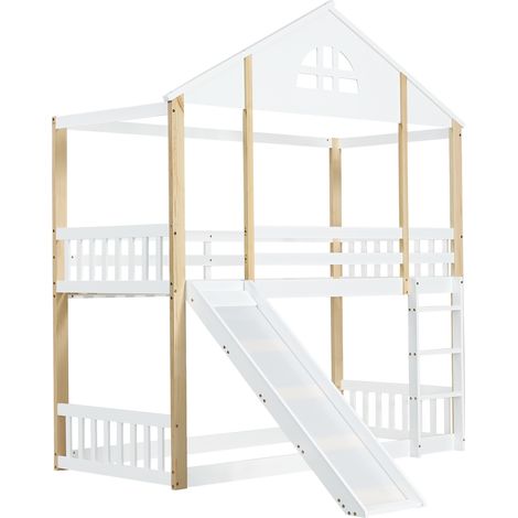 Lit mezzanine enfant avec fenêtres, toboggan et escalier 3 marches 90 x 200 cm blanc et naturel (1/5)