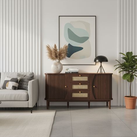 URBAN MEUBLE Buffet en effect bois noyer et rotin avec 3 tiroirs et rangement latéral - style rétro 140.5x40x73cm