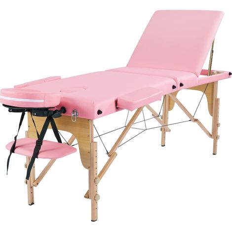 Yaheetech Lettino Massaggio Portatile Pieghevole a 3 Zone in Legno Faggio per Fisioterapia Portata 250 kg Altezza Regolabile Poggiatesta e Braccioli Rimovibili con Sacchetto per Polvere Rosa (1/5)