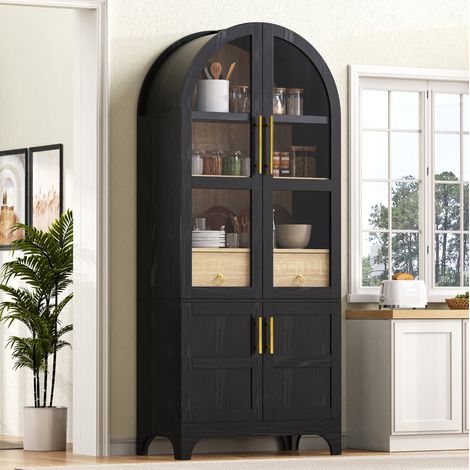 Buffet haut de cuisine noir avec verre strié, étagères réglables et tiroir 76x40x180 cm (1/5)