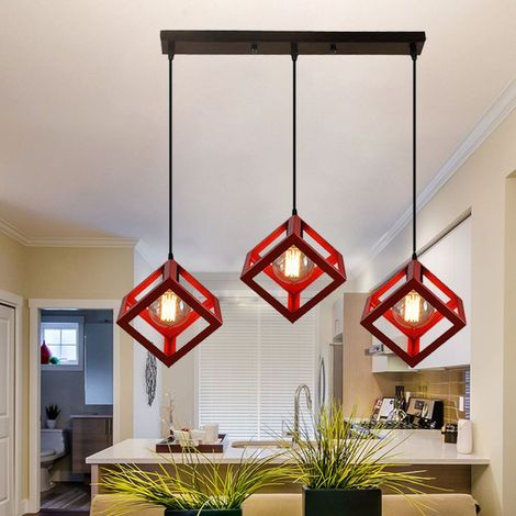 – Lustre suspension industrielle E27 Ø22cm – Cage cube carrée en métal rouge – Hauteur 28cm – Câble ajustable 100cm (1/3)