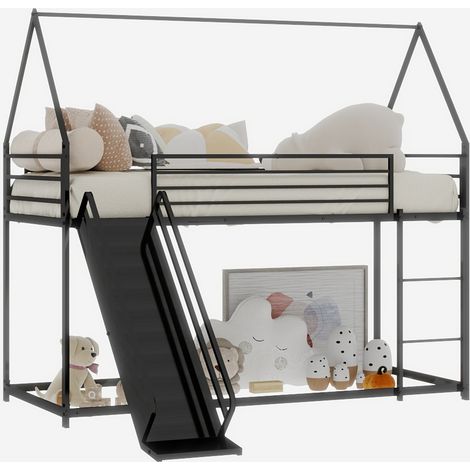 Les lits superposés mesurent 90190 cm. Le lit pour enfant est doté d’un toboggan. Le cadre de lit en forme de maison avec échelle ne nécessite pas de sommier et est facile à assembler. (1/5)