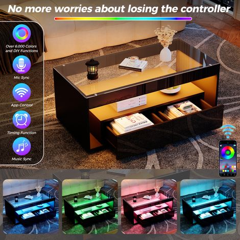 Table basse noire en verre trempé avec éclairage LED contrôlé par application, 2 tiroirs et double plateau pour salon et séjour (1/5)