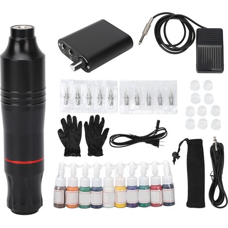 Kit de stylo tatouage rotatif avec bloc d'alimentation mini, aiguilles cartouches, prise US 95-265V, noir. (1/5)