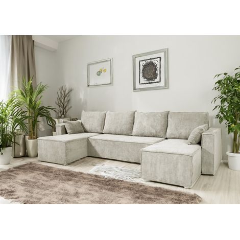 Tendencio – Canapé convertible 3 places ANAFI en velours côtelé beige – Assise moelleuse en mousse 28kg/m3 – Ressorts ondulés pour confort optimal