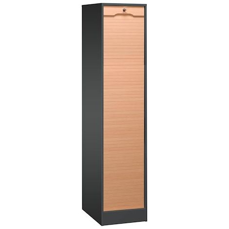 Beaux Meubles Pas Chers – Classeur à rideau en bois massif H 170 cm – Corps en panneaux mélaminés – 10 tablettes réglables – Serrure incluse (1/2)