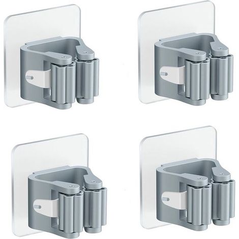 Porte-balais mural - 4 pièces - gris - 5,6 x 5,6 x 4,5 cm - PVC - autocollant - sans perçage - Organiseur mural - pour serpillières / balais / outils de jardin (1/3)