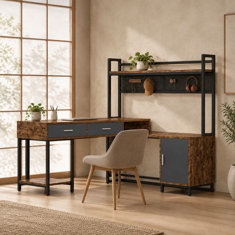 Bureau d'angle en L 140 x 140 x 135 cm avec tiroirs, MDF et métal OKMYHOME (1/5)