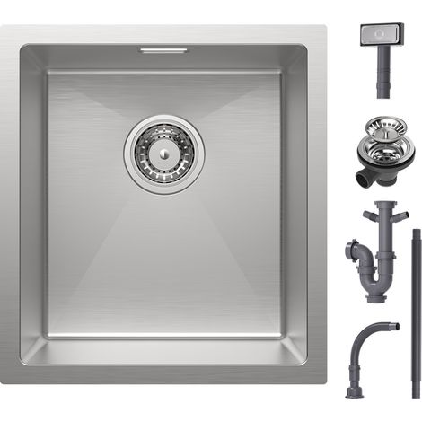 CECIPA fregadero de cocina fregadero empotrado 40 x 44 cm fregadero de acero inoxidable cepillado, cuadrado, se puede instalar en encimeras con una longitud de más de 50 cm, con 2 interfaces reservada (1/5)
