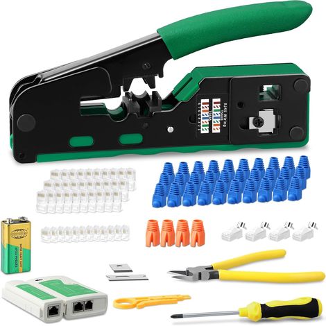 Pince a Sertir Rj45, Kit de sertissage RJ45/RJ11/RJ12, avec 4 x conectores RJ45 CAT6a/7, 30 x conectores RJ45 Cat5/Cat5e/Cat6, 10 x 6P6C conectores RJ11/12, Testeur de câble réseau (1/5)