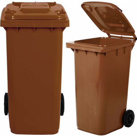 Pattumiera in plastica 240 lt marrone con coperchio carrellata a due ruote cm 72x58x106h bidone per raccolta differenziata