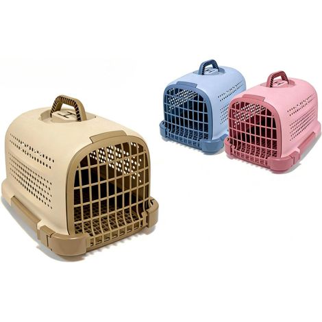 Cage de transport rigide et ventilée pour chats et petits chiens, portable et résistante, disponible en beige, bleu ou rose, idéale pour voyages sécurisés et confortables.