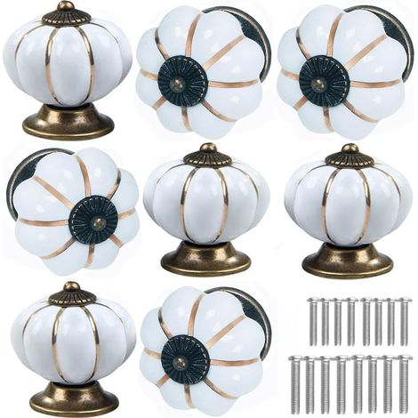 Boutons de porte en céramique en forme de citrouille [Lot de 8] — Poignées de porte style citrouille vintage pour cuisines, commodes, armoires et penderies (Blanc, lot de 8) (1/5)