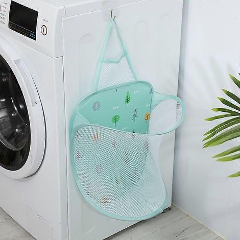 Lot de 2 paniers à linge pliables en filet vert suspendu, avec poignées de transport, faciles à ouvrir et à remplir. (1/4)