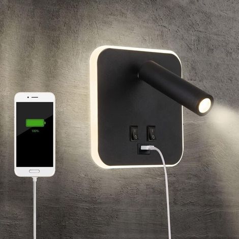 Lampe de chevet LED avec port de charge USB, applique murale d'intérieur, avec interrupteur, noir, 3 W + 10 W (carrée USB) (1/5)