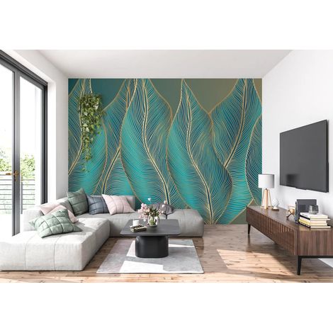 Papier Peint Feuillage - Feuilles Élégantes Dorées - 150 x 250 cm (1/2)