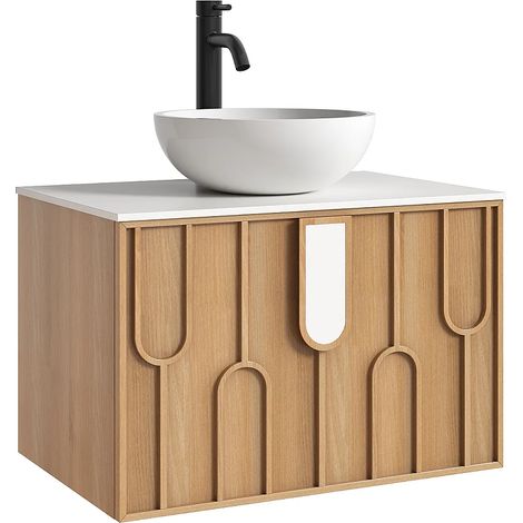 Meuble de salle de bain texturé suspendu avec vasque à poser ronde en solid surface et robinet - Naturel clair - L75 cm - MERKAN (1/5)