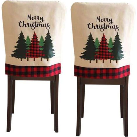 Lot de 2 Housses de dossier, Motif sapin Noël, Lin souple, 47x57cm, Pour salle à manger, Hôtel, Restaurant (1/5)