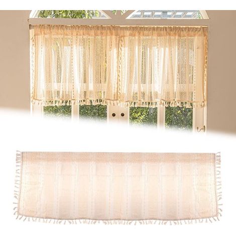 Tenda corta semitrasparente beige con nappe per cucina e armadio, 148x46 cm. (1/5)