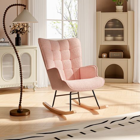 Fauteuil à bascule, Rocking chair avec dossier haut, Chaise Relaxante avec Pieds en Métal et en Bois Massif, chaise longue pour adapté au salon, balcon, chambre - Rose (1/5)