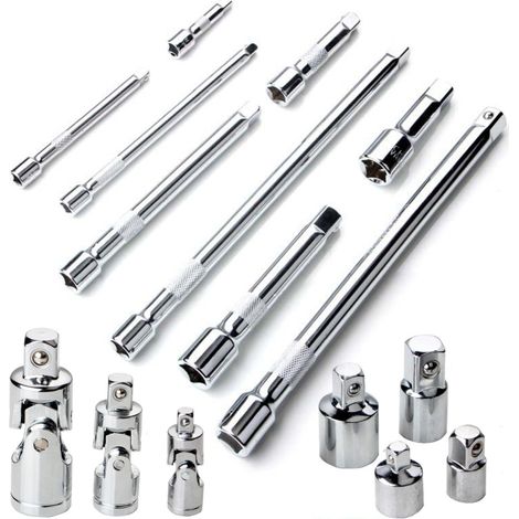 Kit di prolunghe per bussole da 16 pezzi (1/4", 3/8", 1/2") con 4 adattatori, 3 giunti universali e 9 prolunghe