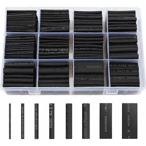 Gaine Thermorétractable 650pcs Tube Thermorétractable Noir 8 Tailles Ratio 2:1 Gaine Thermo Retractable Kit, Noire-INHHUB (1/5)