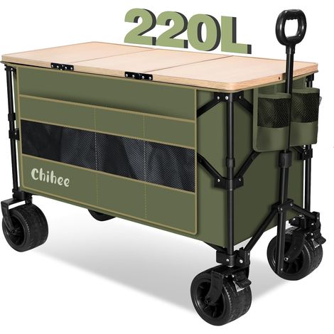 Chariot de Jardin Pliable Chariot Utilitaire,Chariot de Plage Pliant Capacité 220L,Résistant Roues Tout Terrain Pochette surdimensionnée 1 Bureau pliable2 Porte-Boissons (1/5)