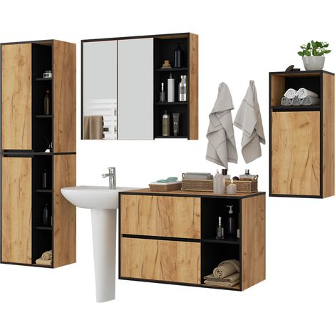 Hängendes Badezimmermöbel-Set VAMI in Craft Eiche mit Innen in Schwarz (1/5)