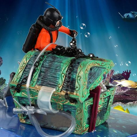Figurine Plongeur Chasseur - Décor Aquarium en Résine avec Chaîne - Effet Mouvement par Pompe à Air - Orange - 1 Pièce