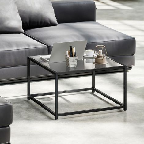 Table d'appoint carrée, table de chevet avec plateau en verre trempé, table basse avec pieds en acier. Dimensions : 68 x 68 x 39 cm, couleur noire. (1/5)