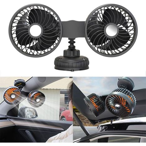 Ventilateur à Double Tête Réglable Rotatif à 360° avec Ventouse 5/12/24V Universelle Silencieux 3 Vitesses pour Voiture Table (5V (USB)) (1/5)