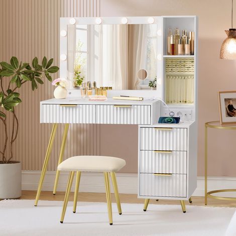 Coiffeuse avec Miroir et Tabouret, Table de Maquillage avec Tiroirs, Loupe 10x, Éclairage LED, Plateau à Bijoux, Multiprise, 40 x 110 x 135 cm, Blanc Nuage (1/5)