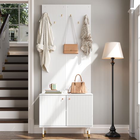 Porte-manteau blanc avec meuble à chaussures, 6 crochets et étagère, 70x35x180 cm (1/5)
