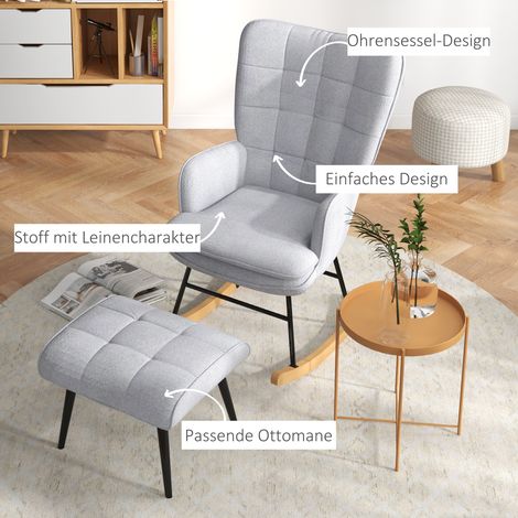 Fauteuil à bascule avec repose-pieds en bois de hêtre matelassé, design scandinave, dimensions 64 x 89 x 90 cm, gris (1/5)