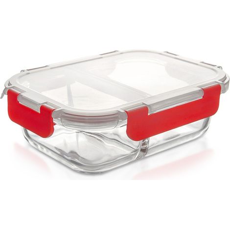 Recipiente de vidrio para alimentos con tapa y cierre hermético, dividido, 550 ml.