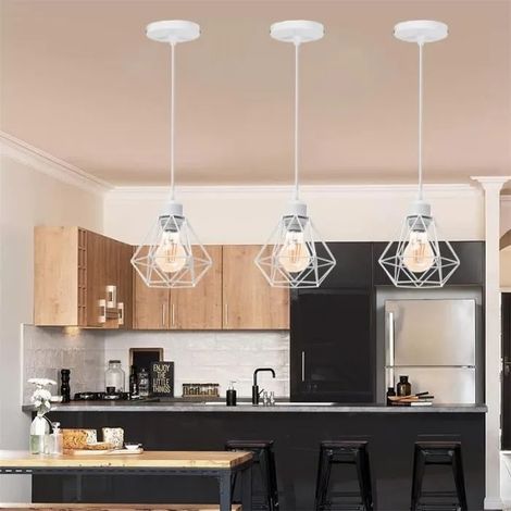 3x Lampe Suspension en Cage Métal Blanc,Lustre de Plafon de Style Edison Suspension Lumianire Industrielle pour Salon Chambre (1/4)