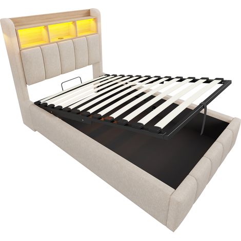 Letto imbottito 90x200 cm beige in lino con LED, USB e cassapanca (1/5)