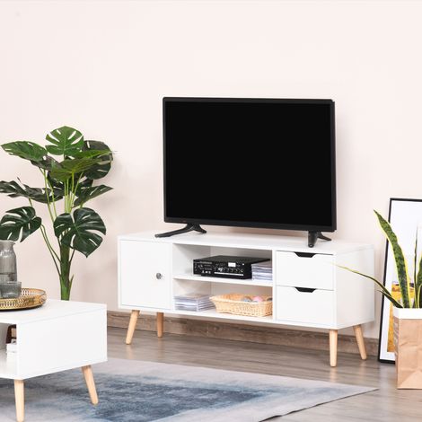 Blancs 120x28x44 cm - Meuble TV pour téléviseurs 50" Table de salon doté de porte, 2 étagères ouvertes et 2 tiroirs