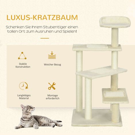Arbre à chat 100 cm avec poteaux sisal, grande plateforme, tour multi-niveaux, arbre d'escalade pour chatons et chats moyens, beige (1/4)