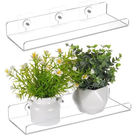 Set di 2 mensole galleggianti in acrilico trasparente - 30 x 10 cm - Autoadesive - Mensole in acrilico trasparente - Installazione senza foratura - Adatte per camere da letto, bagni e cucine - Per pia (1/5)